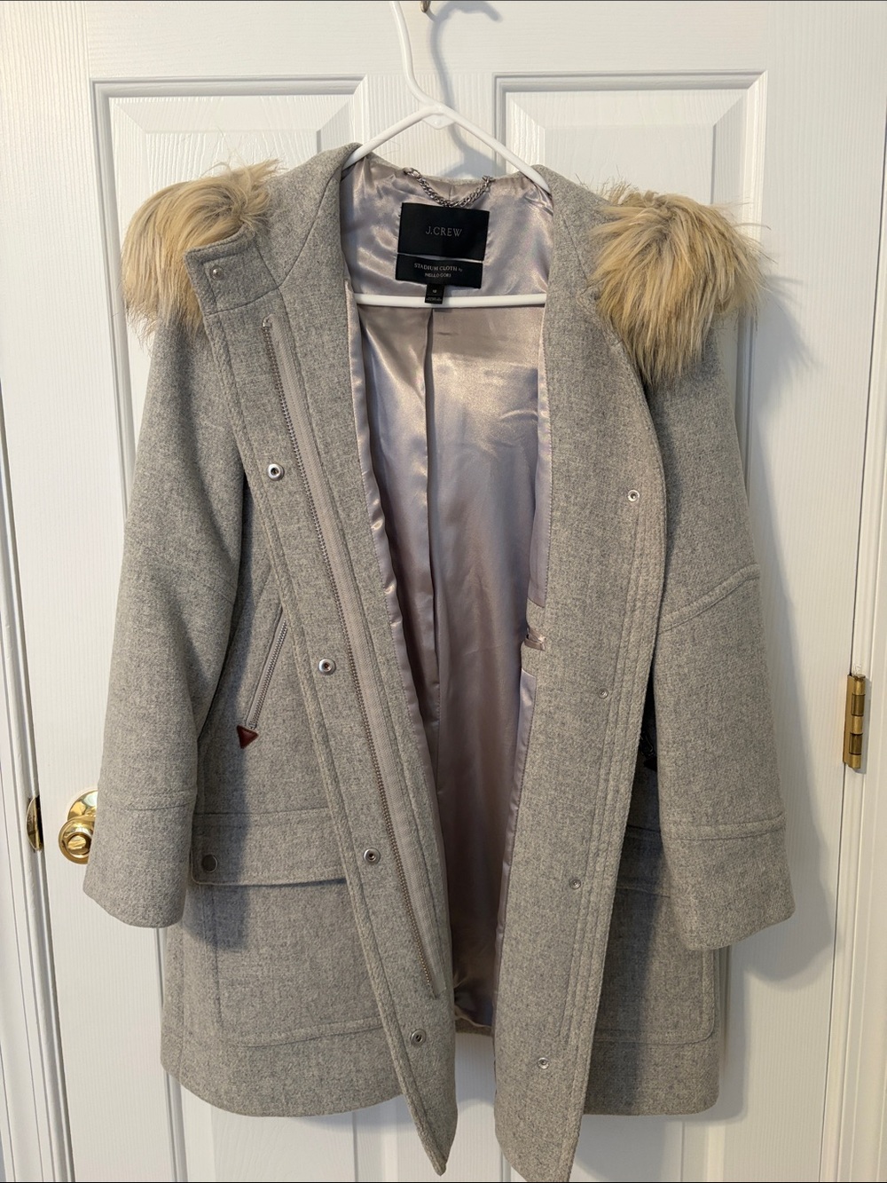 J. Crew Light Gray Wool-Blend Coat with Faux-Fur Trimmed Hood